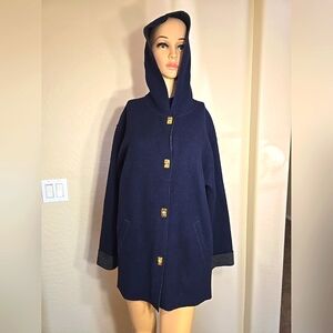 Lauren Ralph Lauren Ladies Hooded Wool Blend Navy Turn Lock Button Coat Size M